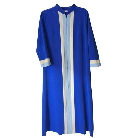 Vanity Fair Robe Housecoat MCM Vintage 60s Velour Blue Granny Core Zip Size 14 - Picture 2 of 7